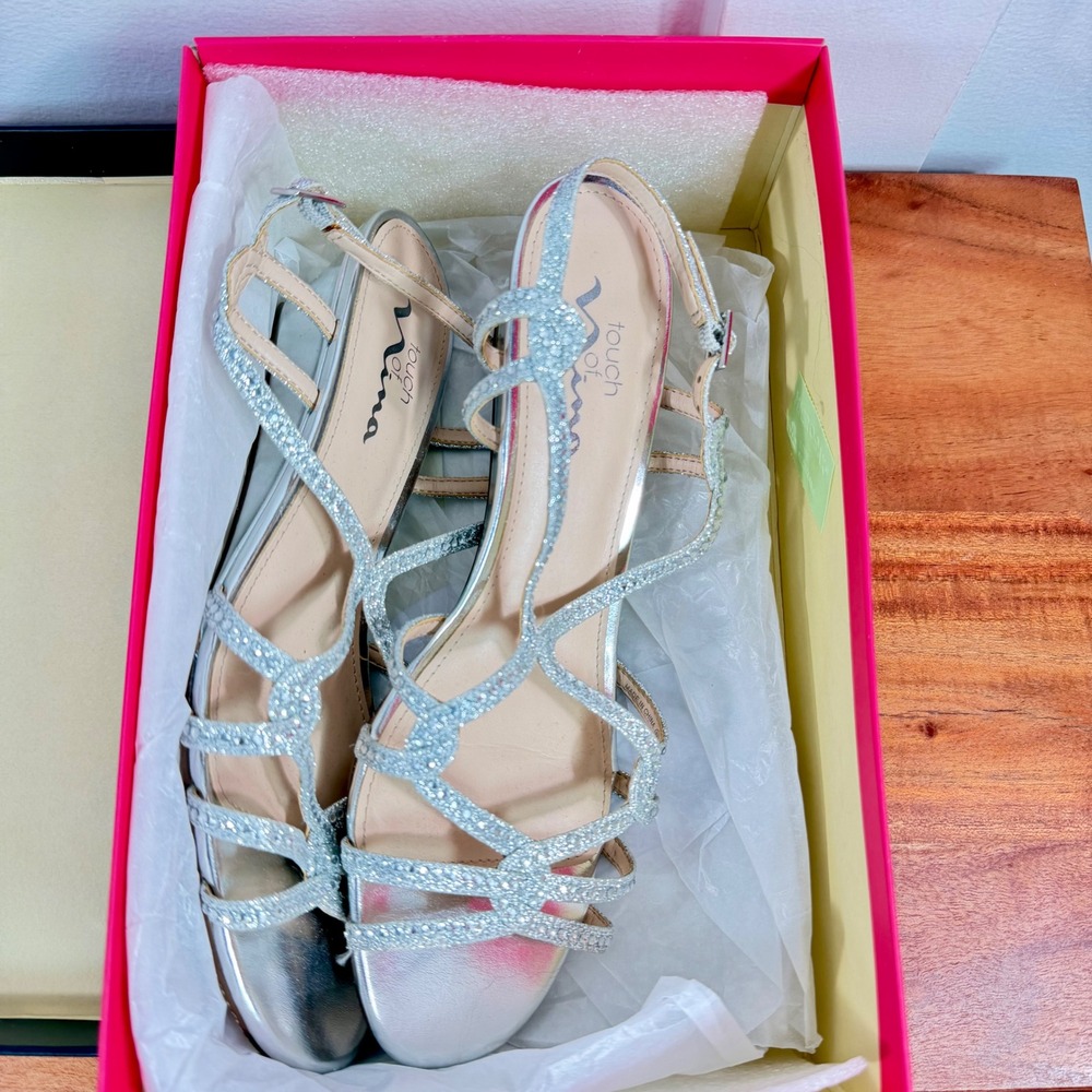 Touch of Nina Farida1 Silver Rhinestone Dressy Wedge Sandals Womens 8.5 M